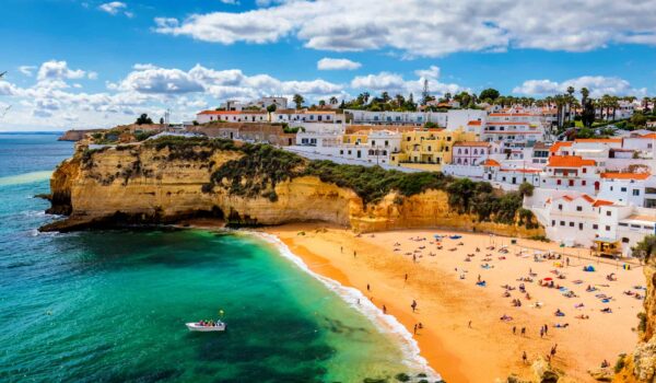 Aerial view of beach in Carvoeiro fishing village at the Algarve in Portugal