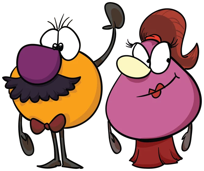 Two grown-up characters, one orange with a moustache and bow tie, one pink with red hair.