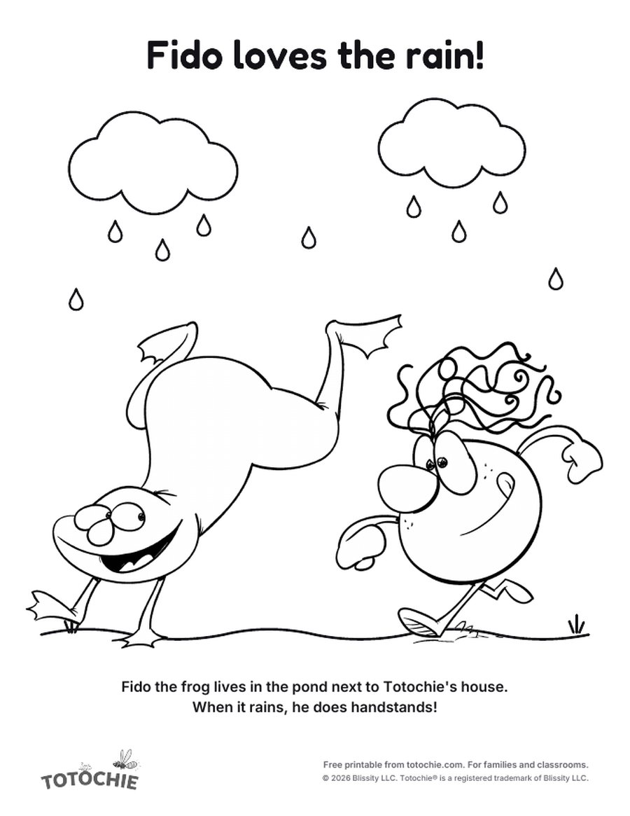 Coloring page: Fido the frog does a handstand next to Totochie under two rain clouds.