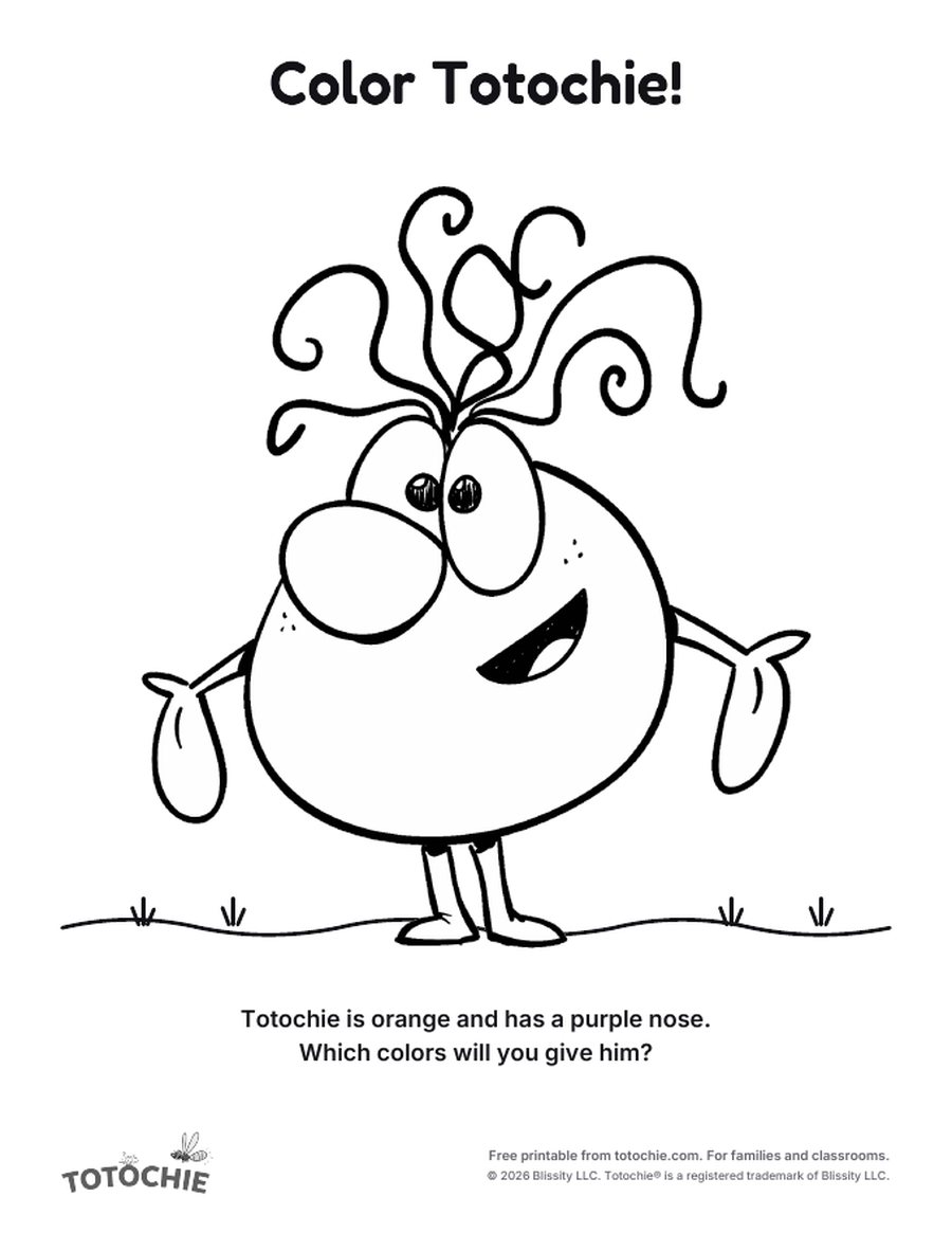 Coloring page: Totochie stands in the grass with his arms wide open.