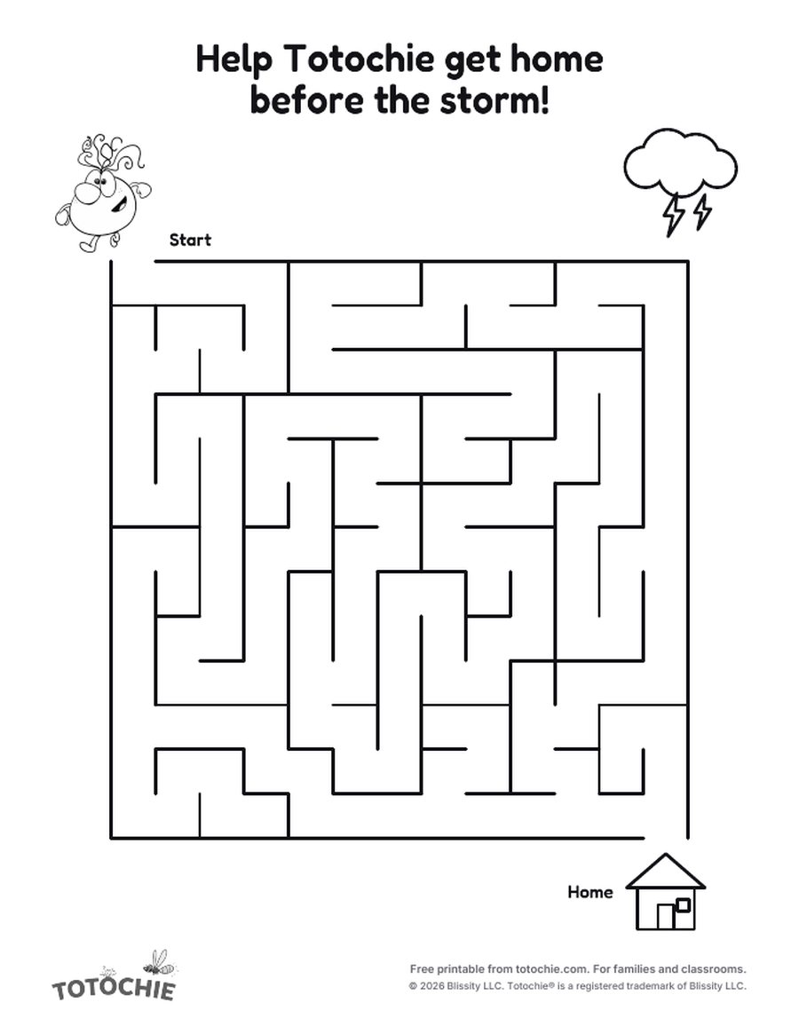 Maze: Totochie at the start in the top left, a storm cloud in the sky, his house at the end in the bottom right.