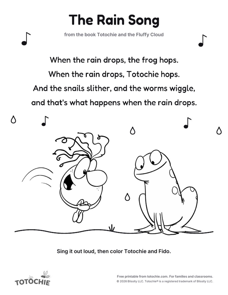 Song sheet: the four lines of the rain song, with Totochie hopping and Fido the frog sitting beside him.