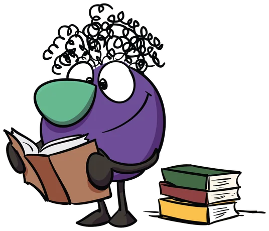 A small purple character with curly hair reading a book next to a pile of books.