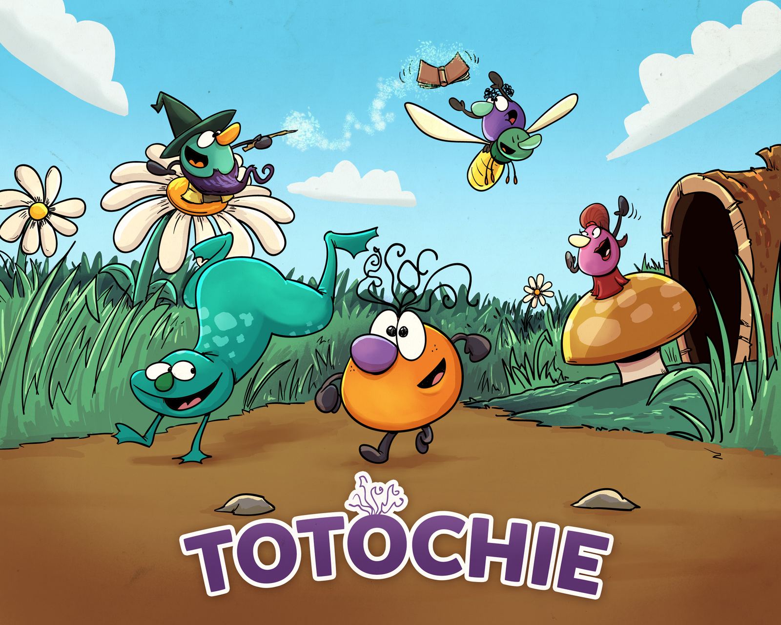 Totochie, a small round orange character with a purple nose and curly antennae, runs through a garden with his friends: a frog doing a handstand, a wizard sitting on a daisy and a little reader riding a firefly.