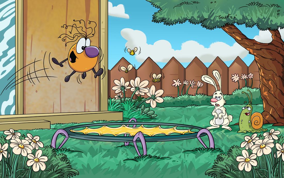 Totochie jumps out of his house toward the trampoline in the garden.