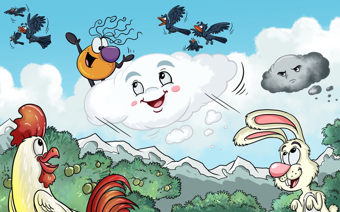 Totochie rides on the smiling cloud above the hills while a rooster and a rabbit look up.