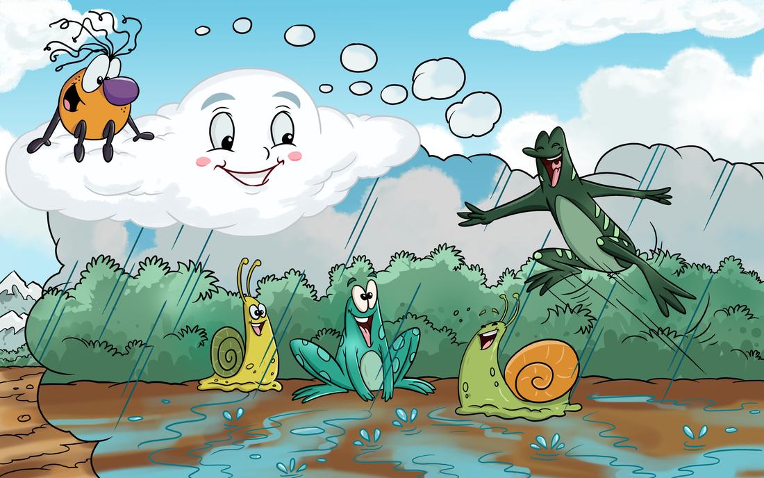 Snails and frogs play in a puddle in the rain while Totochie watches from the cloud.