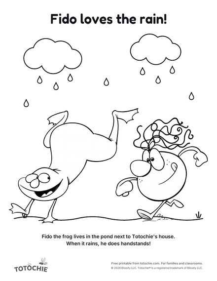 Coloring page: Fido the frog does a handstand in the rain next to Totochie.