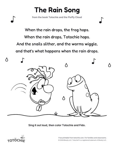 Song sheet: the words of the rain song with Totochie and Fido to color.