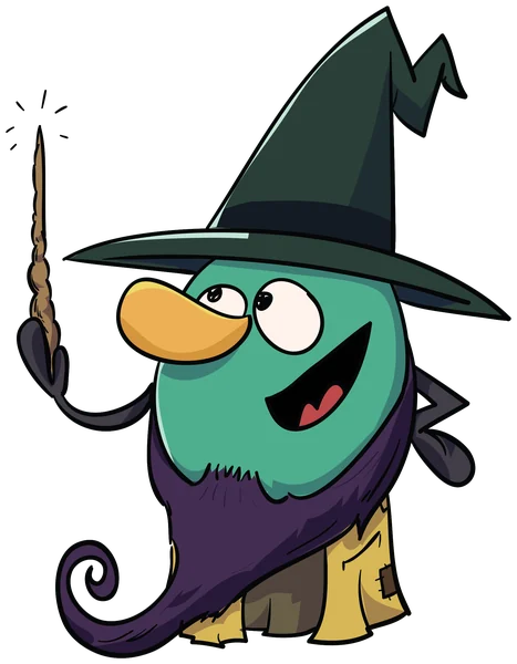 A green wizard with a tall hat, a long purple beard and a wand.