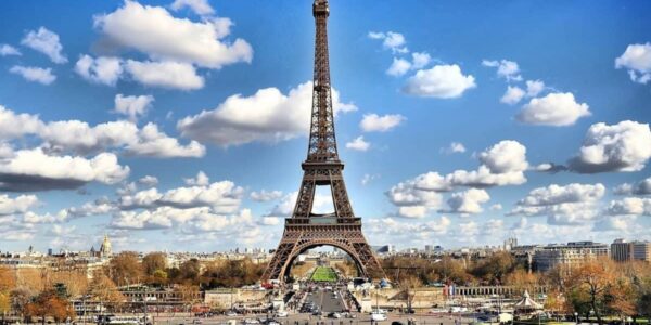 Eiffel tower in Paris France with clouds