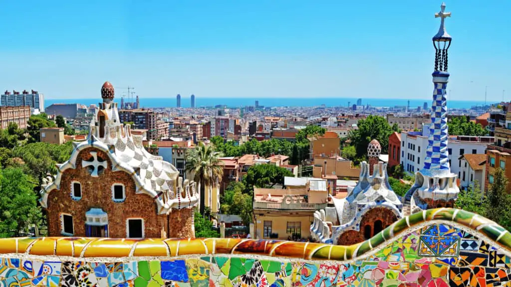 View from Gaudi's Park Guell over the city to the Mediterranean Sea