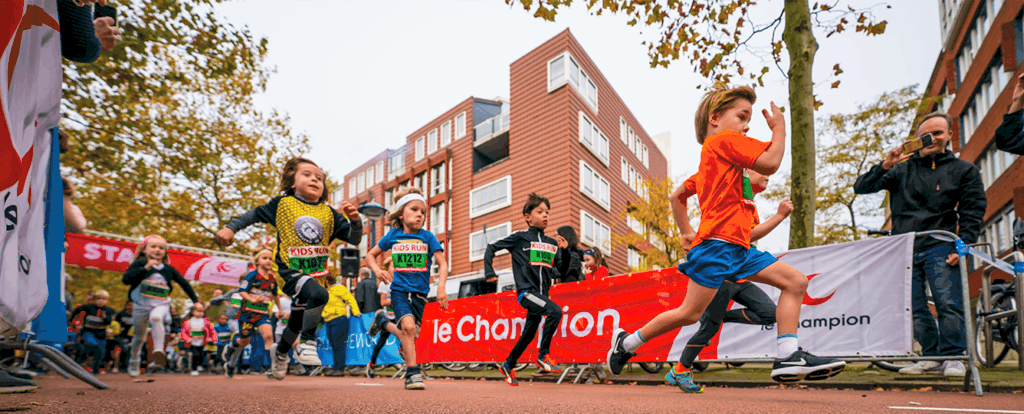 Children running the Kids Run at TCS Marathon in Amsterdam