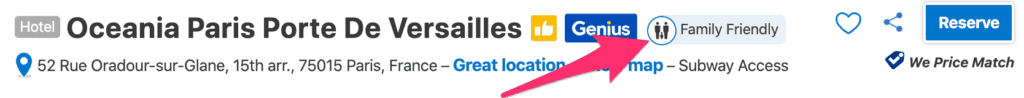 Family friendly feature next to hotel name on Booking.com