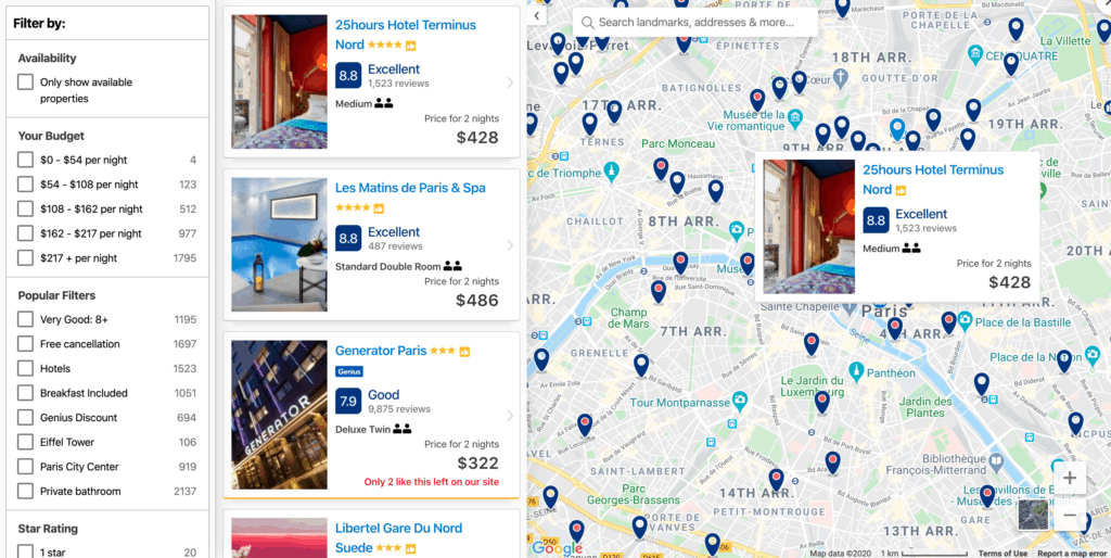 Map view of hotels and apartments in Paris on Booking.com
