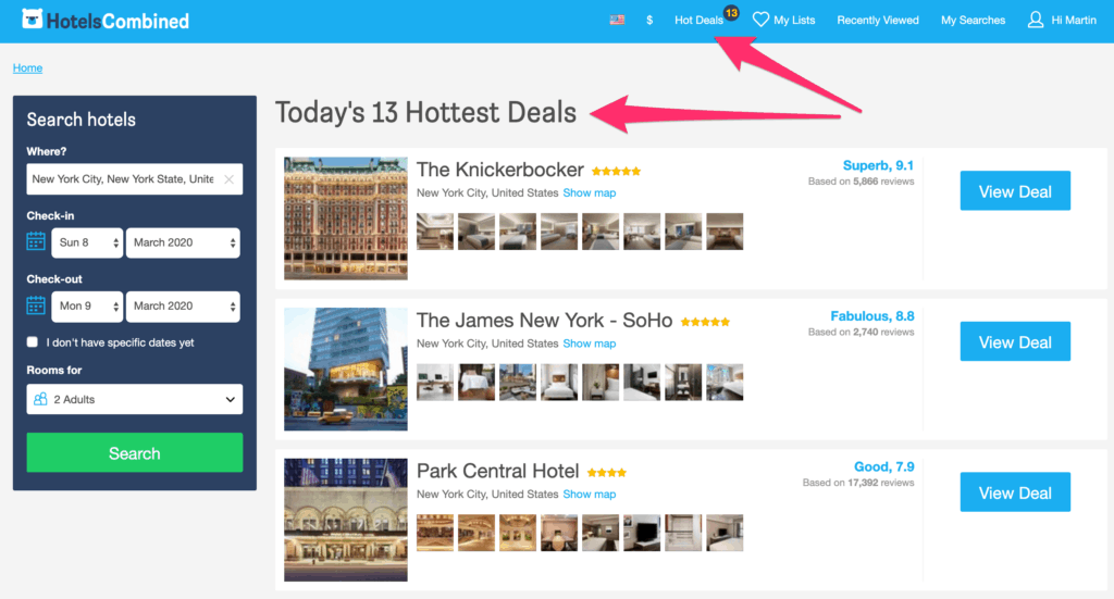 View of hottest hotel and resort deals on HotelsCombined, a travel search engine for hotels and resorts