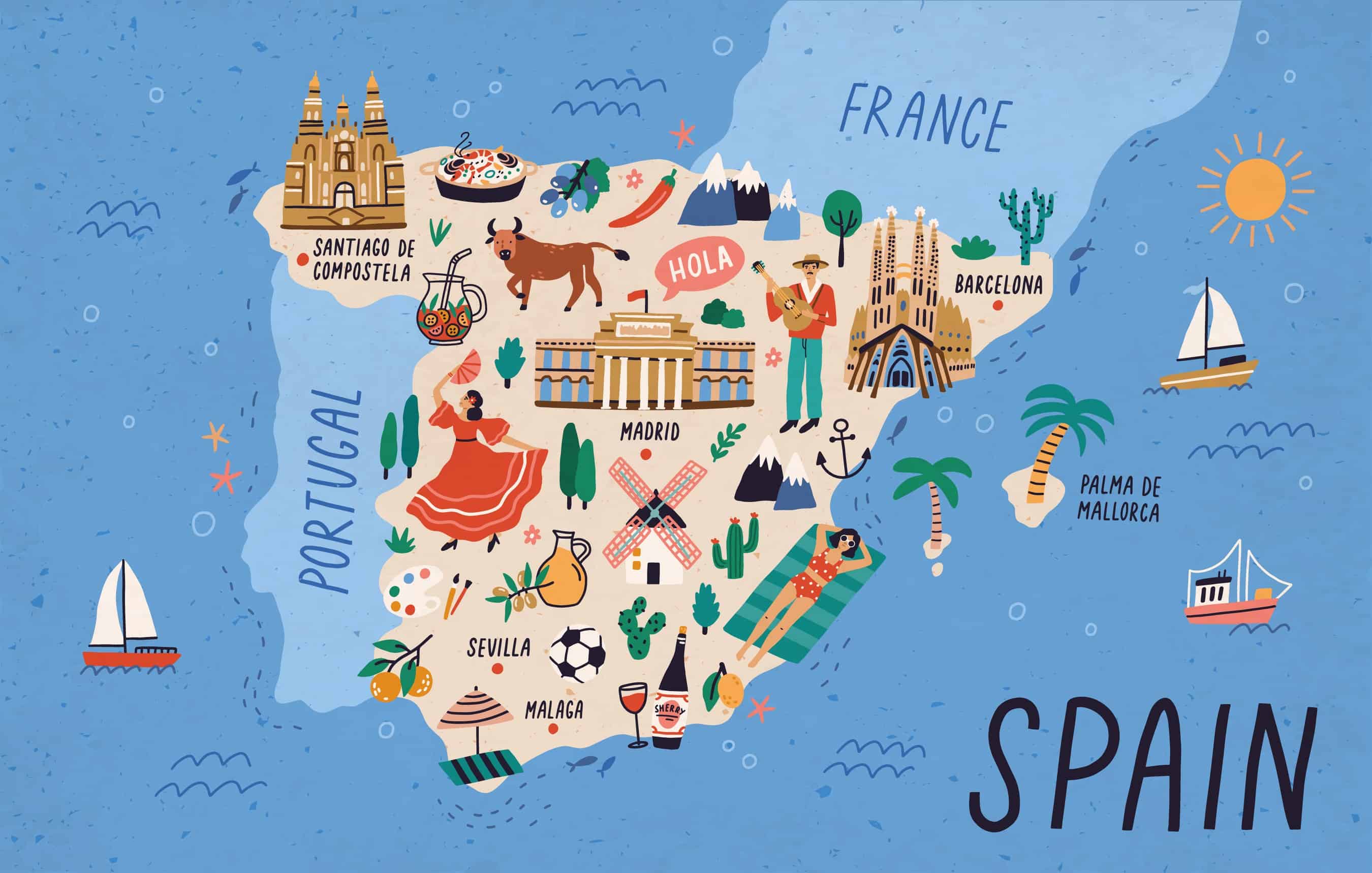 Map of Spain with touristic landmarks, sights, and national symbols like flamenco dancer, cathedrals, paella, sangria, bull, man playing guitar