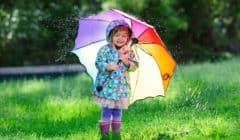 Cute girl standing in the rain under an umbrella in the grass