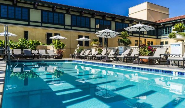 Rooftop hotel pool at Hotel Valencia Santana Row San Jose California USA with sunshine