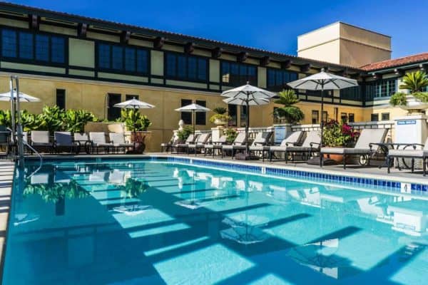 Rooftop hotel pool at Hotel Valencia Santana Row San Jose California USA with sunshine