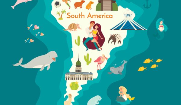 Cartoon map of South America with top activities