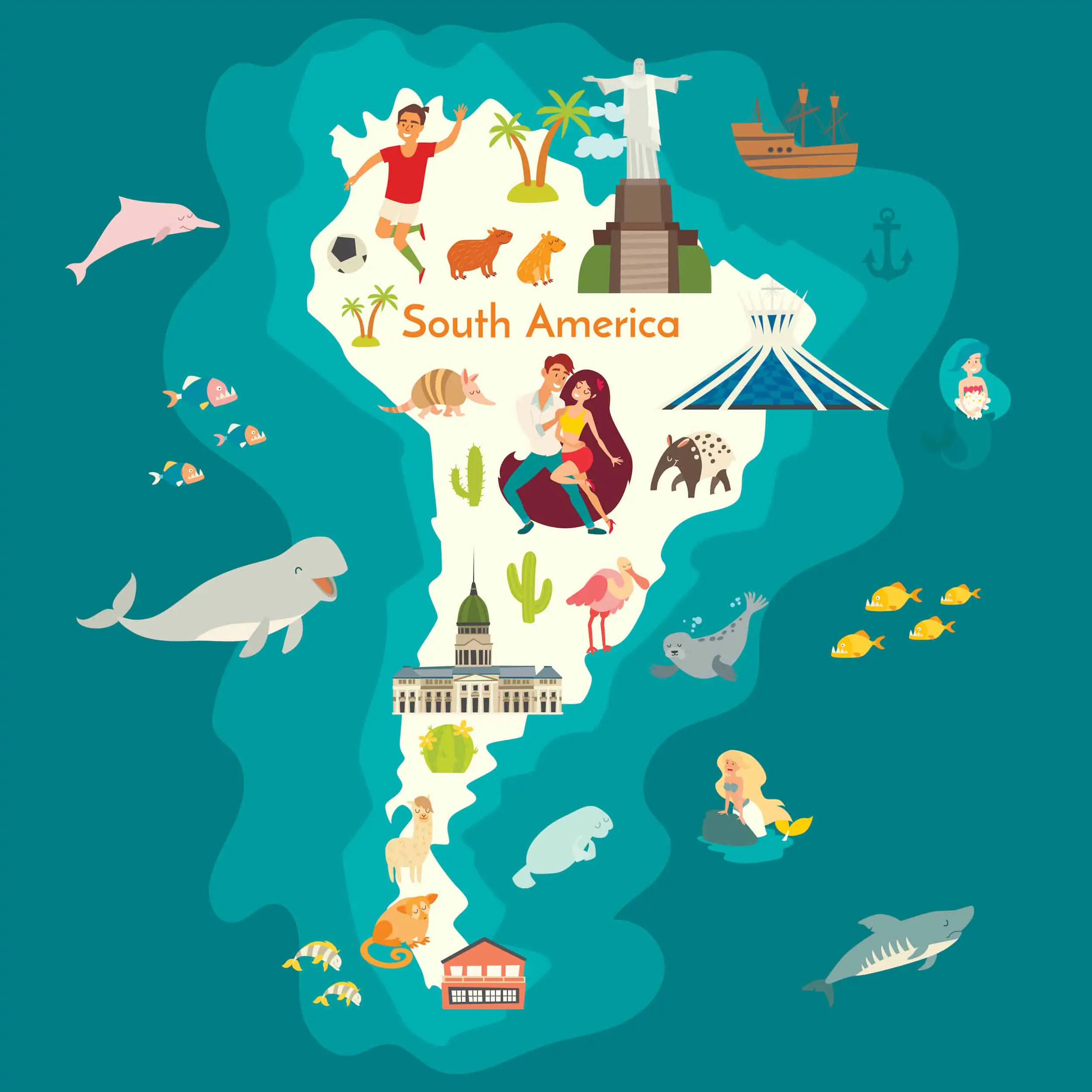 Cartoon map of South America with top activities