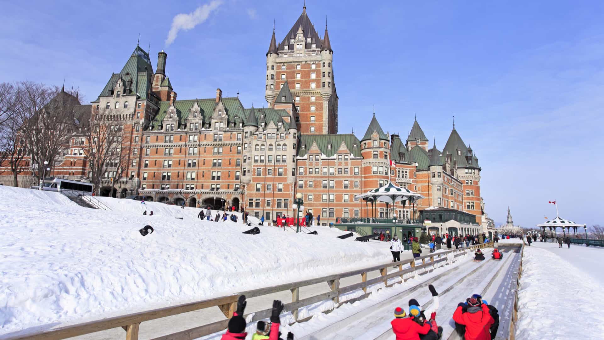 Chateau Frontenac in Quebec City with traditional slide