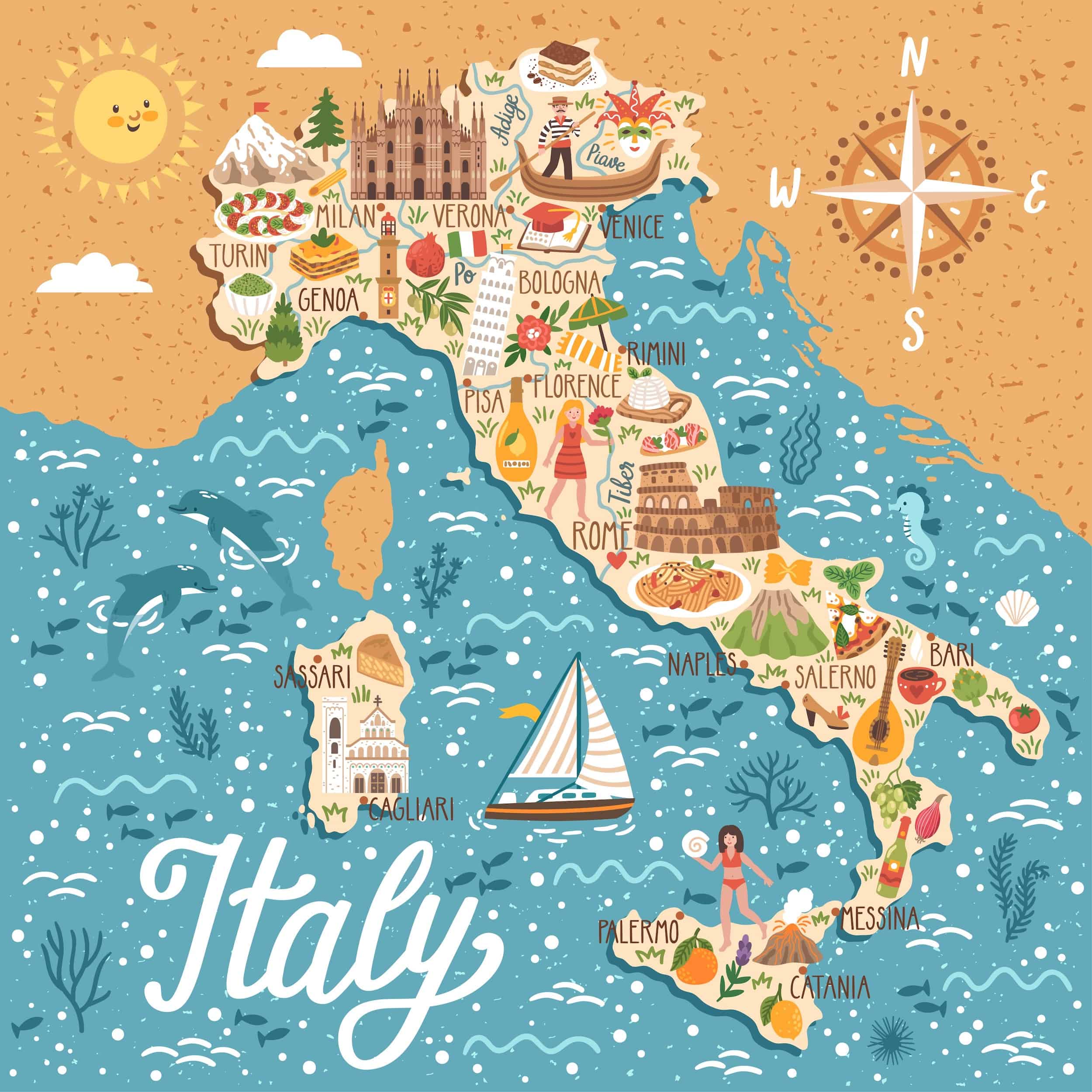 Картинка карты путешествие. Карта Италии для детей. Карта Италии. Стилизованная карта. Достопримечательности Италии на карте.