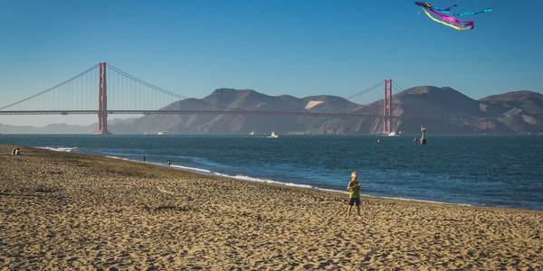 Bog flying a kite on Crissy Field in San Francisco, California with Golden Gate Bridge in the background