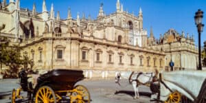 Cathedral in Seville Andalusia Spain with horse carriages in front