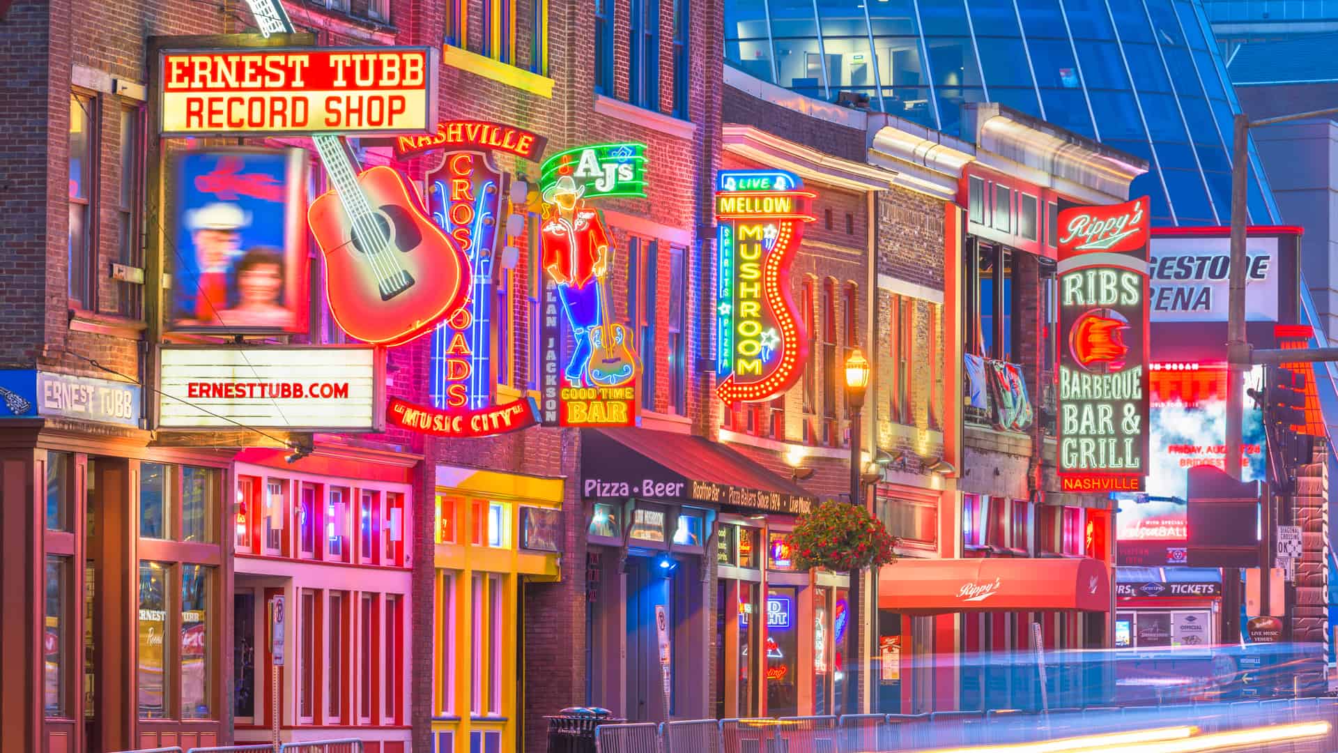 Honky-tonks on Lower Broadway in Nashville, Tennessee. District is famous for country music entertainment establishments.