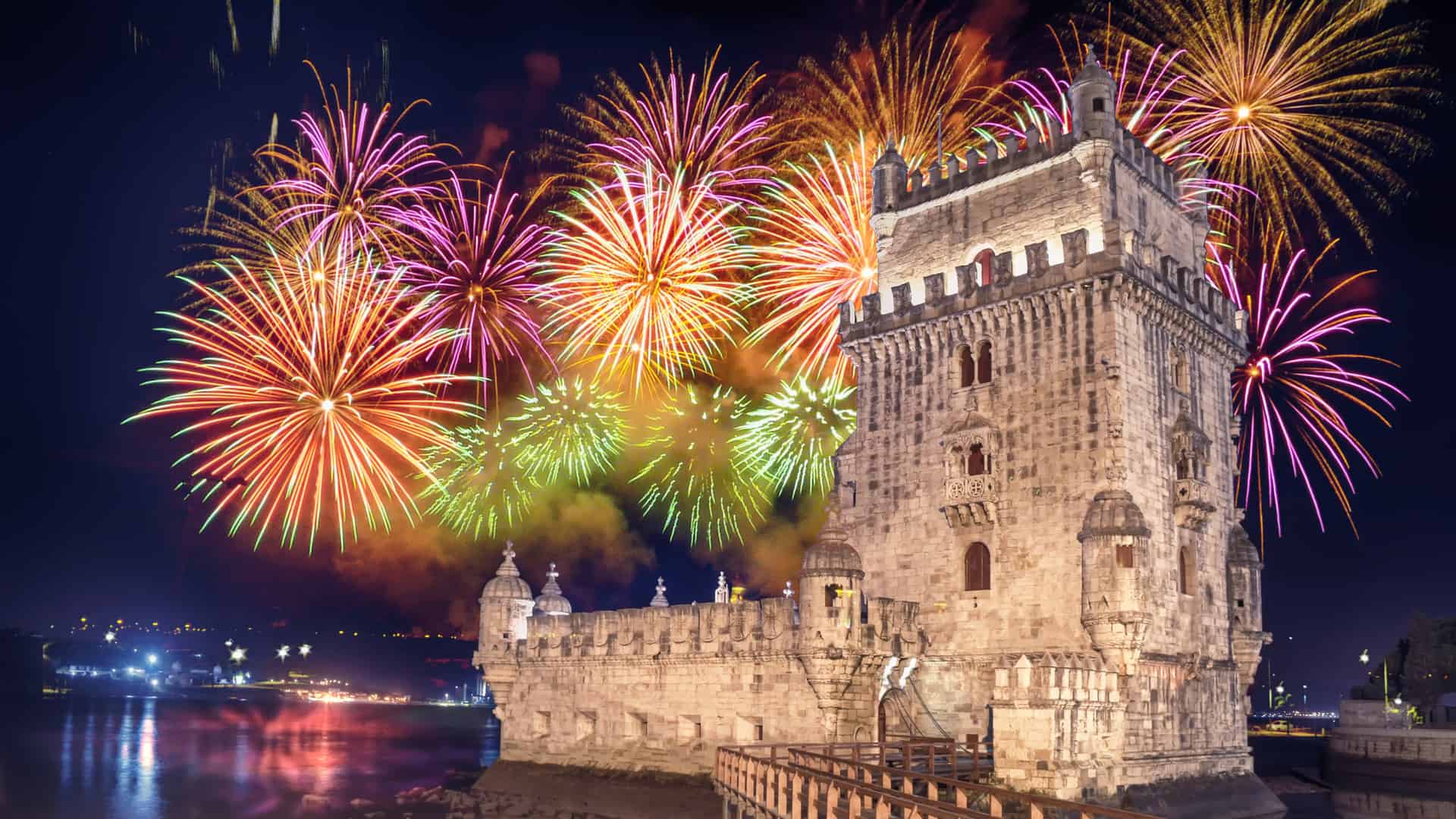 Fireworks above Belem Tower in Lisbon, Portugal