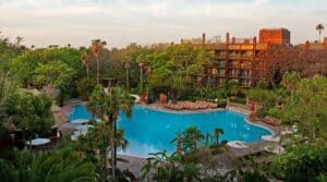 View of Disneys Animal Kingdom lodge with pool in Orlando, Florida