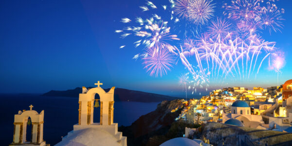 Oia fireworks on Santorini island, Greece