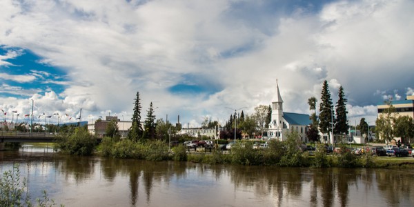 Downtown with church in Fairbanks, Alaska, USA