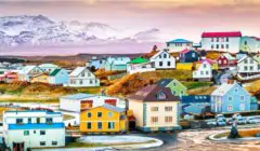 Iceland town of Stykkisholmur with colorful Icelandic houses