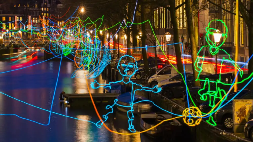 Colorful kids figures at the Amsterdam Light Festival Holland Netherlands