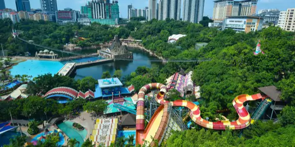 Aerial view of Sunway Lagoon, Malaysia, the largest water park in Southeast Asia, and one of the largest in the world
