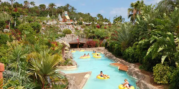 View of lazy river in Siam Park on the Costa Adeje in Tenerife, Spain - one of the largest waterparks in the world